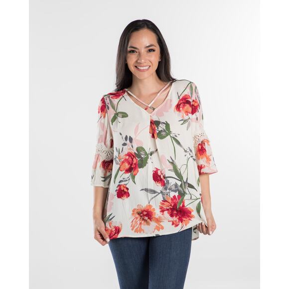Ivory Multi Color Floral 3/4 Sleeve Top - Medium - Picture 3 of 12